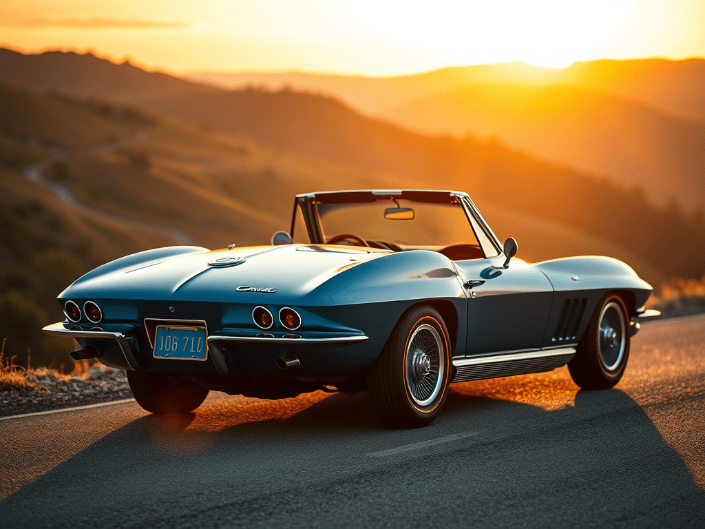 An AI generated image of a blue 1967 convertible stingray Chevrolet Corvette, viewed from behind, parked on the side of a hilly, mountain road facing the sunset. 